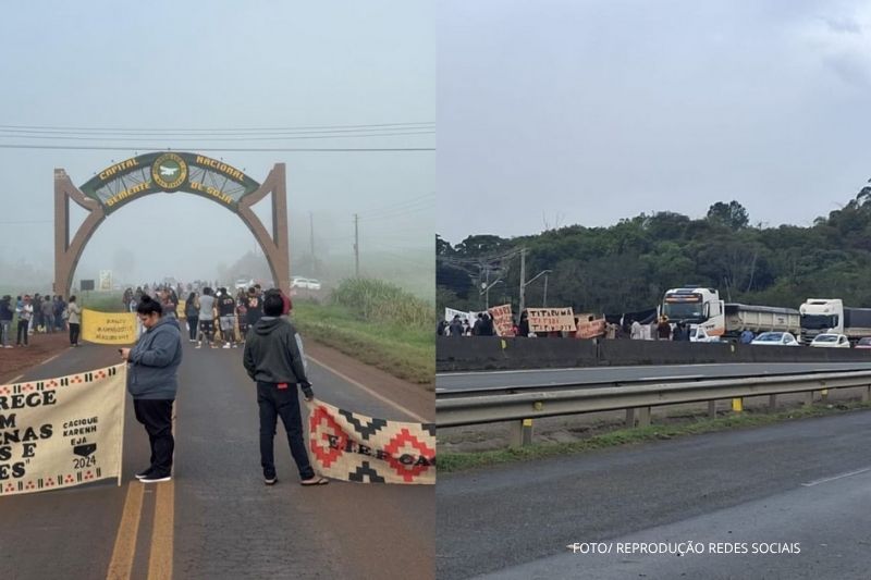 Indígenas bloqueiam BR-101 em Araquari em protesto contra projetos que ameaçam meio ambiente e direitos territoriais