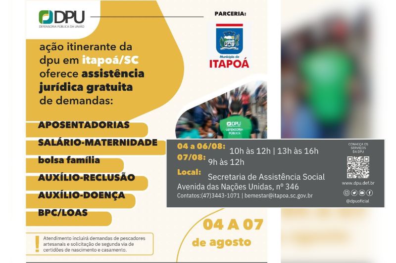 DPU oferece atendimento jurídico gratuito em Itapoá de 4 a 7 de agosto