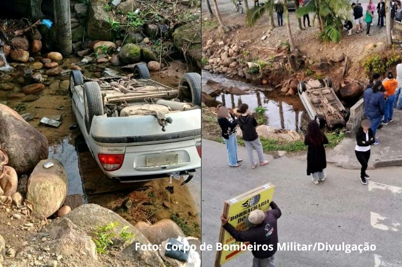 Carro cai em rio após colisão e deixa três feridos em Garuva