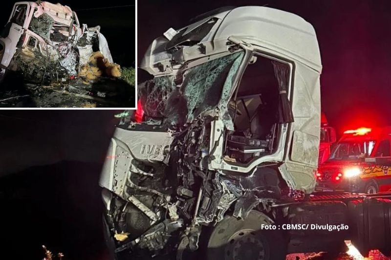 COLISÃO FRONTAL ENTRE DOIS CAMINHÕES DEIXA UM MORTO E OUTRO FERIDO NA SC-416, EM GARUVA