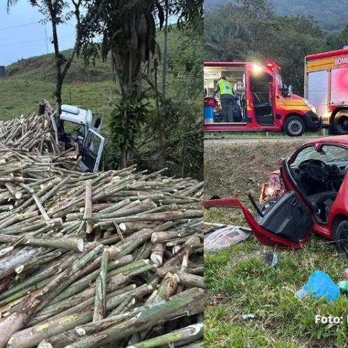 Caminhoneiro desaparece após colisão entre carro e caminhão carregado de madeira em Garuva