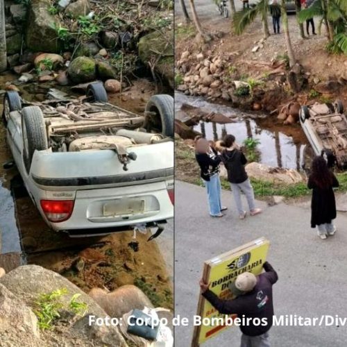 Carro cai em rio após colisão e deixa três feridos em Garuva