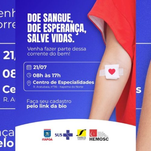 Uma doação pode salvar até quatro vidas: Itapoá realiza campanha de doação de sangue no dia 21 de julho